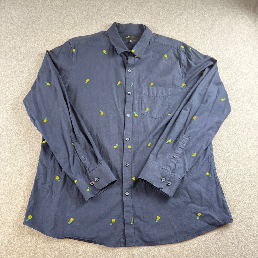 Marc Anthony Mens XL Luxury Slim Fit Navy Blue Pineapple Embroidered Button Down